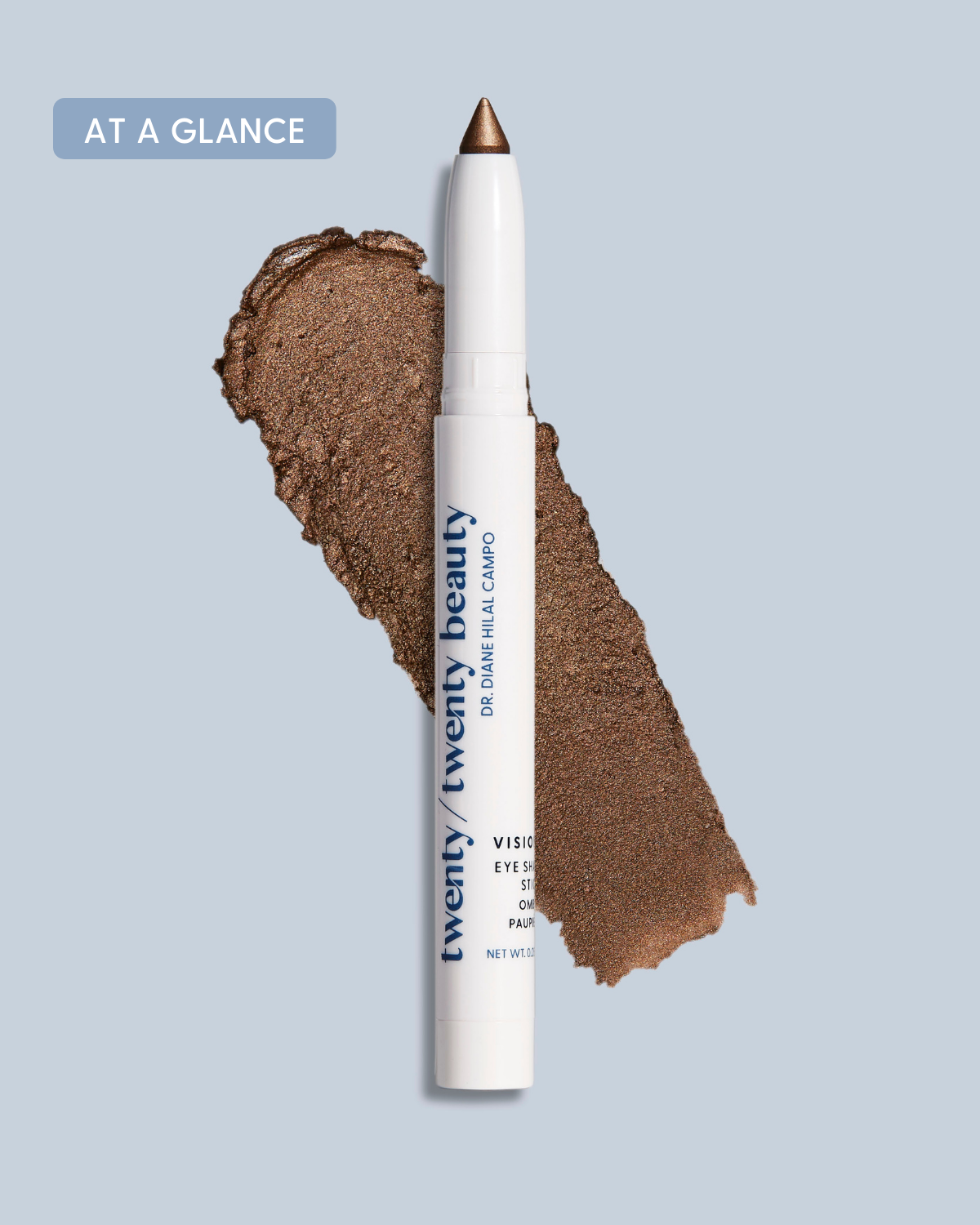 Texture swipe of At a Glance cream eyeshadow shows a deep warm cocoa with a shimmer finish and easy-glide formula