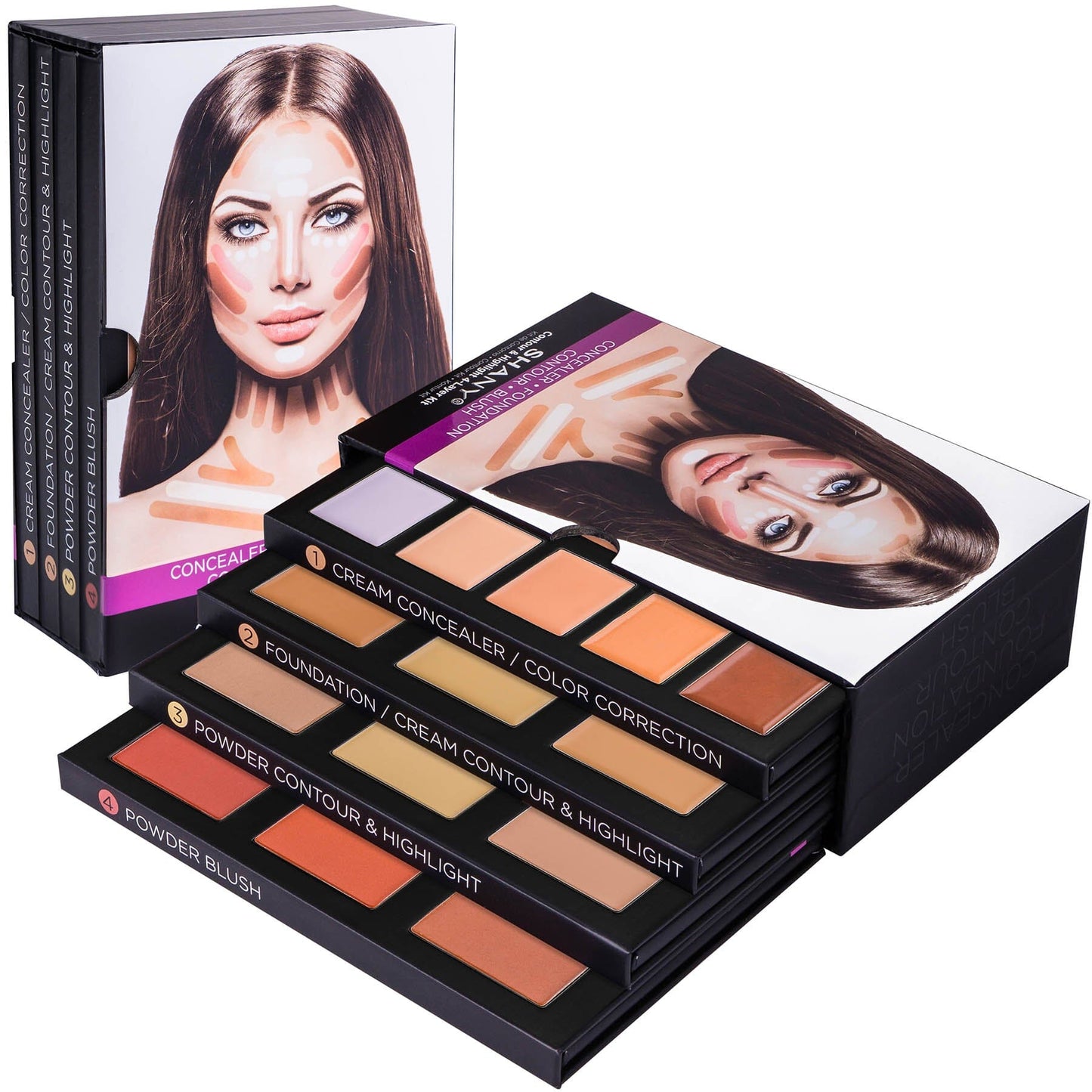 SHANY 4-Layer Contour and Highlight Makeup Kit - Set of Concealer Palette , Color Corrector , Makeup Foundation Palette, Contour Highlight Palette, and Blush Palettes - SHOP - MAKEUP SETS - ITEM# SH-4L