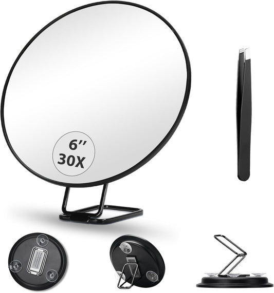 30X Magnifying Mirror, 6 Inch Large Makeup Mirror with 30X Magnification, Compact Makeup Magnifying Mirror, Round Magnifying Mirror with Handle for Travel Mirror, 3 Suction Cups, 360° Adjustable Stand