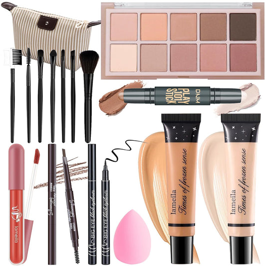 YBUETE All in One Makeup Kit For Girls Teens Women, Makeup Set, Makeup Gift, Includes Eyeshadow Palette, Foundation, Eyebrow Pencil, Eyeliner, Lip Gloss, Counter Stick, Makeup Brush Set Bag & Sponge