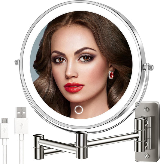 VESAUR 9" Rechargeable Wall Mounted Makeup Mirror, 1X/10X Double Sided Magnifying Vanity Mirror with 3 Colors, Adjustable Brightness, 17” Extendable 360° Rotation Bathroom Mirror,Senior Pearl Nickel