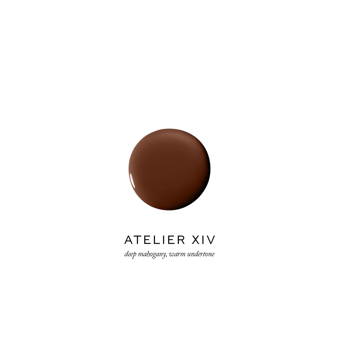 A sample of deep mahogany color with a warm undertone labeled by atelier xiv.