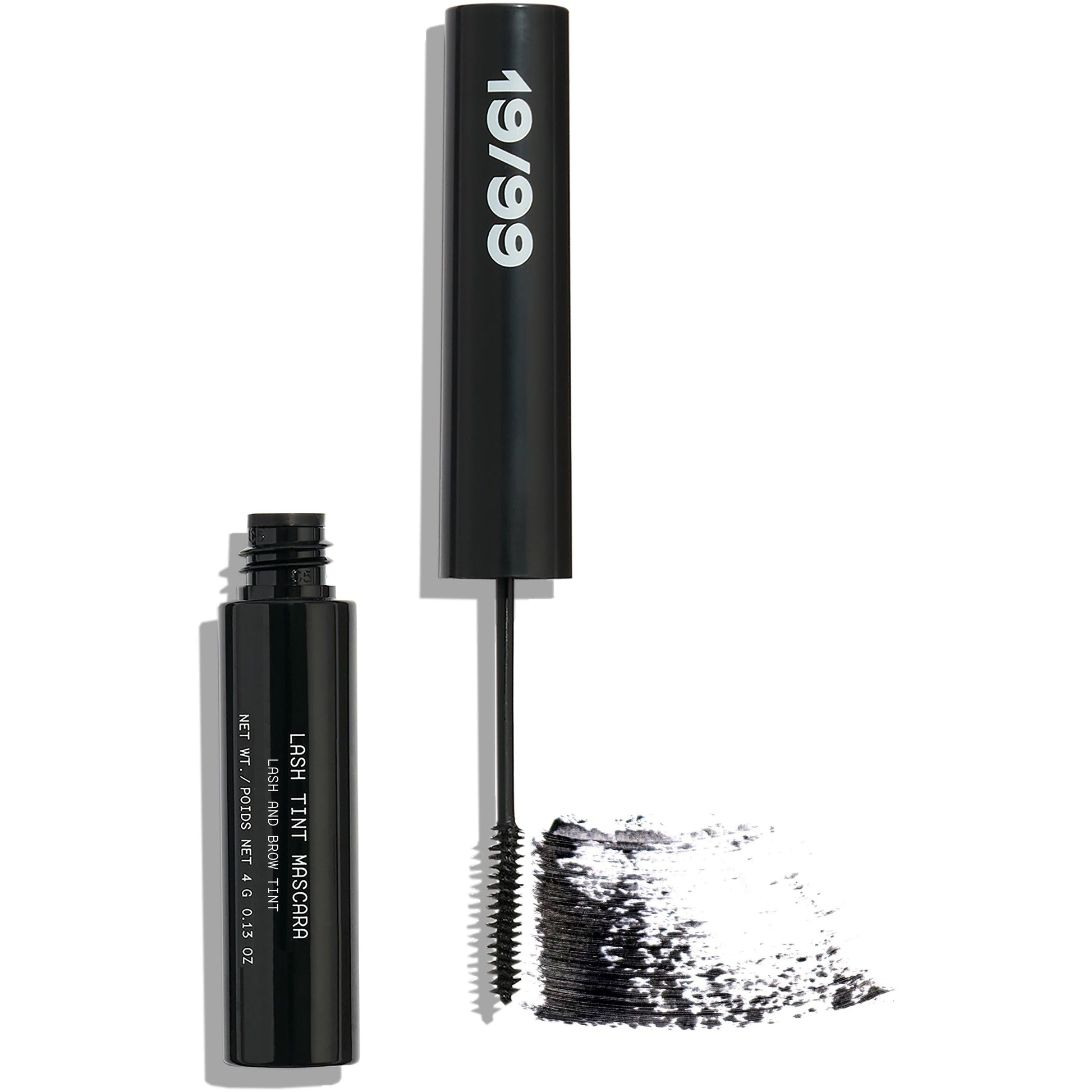 Black mascara with applicator brush and a smear of mascara product.